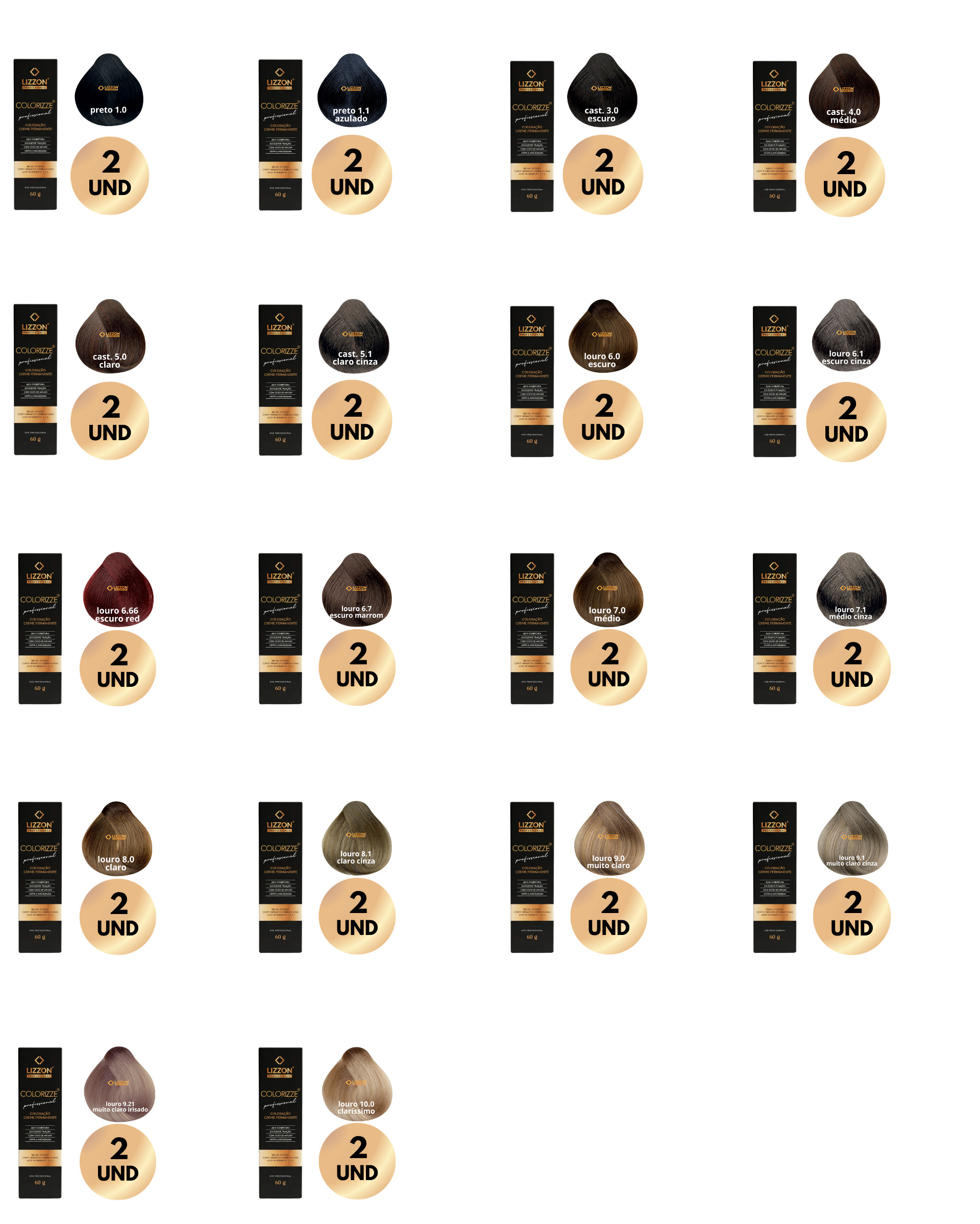 Uma grade de 4x5 mostra vinte tonalidades do Kit em dobro Colorizze Coloração Creme Permanente, cada uma com uma amostra de cabelo, produto em caixa e uma etiqueta bege redonda marcada como 