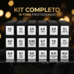 Caixas pretas com rótulos brancos, dispostas em uma grade, exibem tonalidades de tinturas de cabelo profissionais e nomes de cores em português. O texto acima diz Kit Colorizze Coloração Creme Permanente 18 Tons Profissionais.