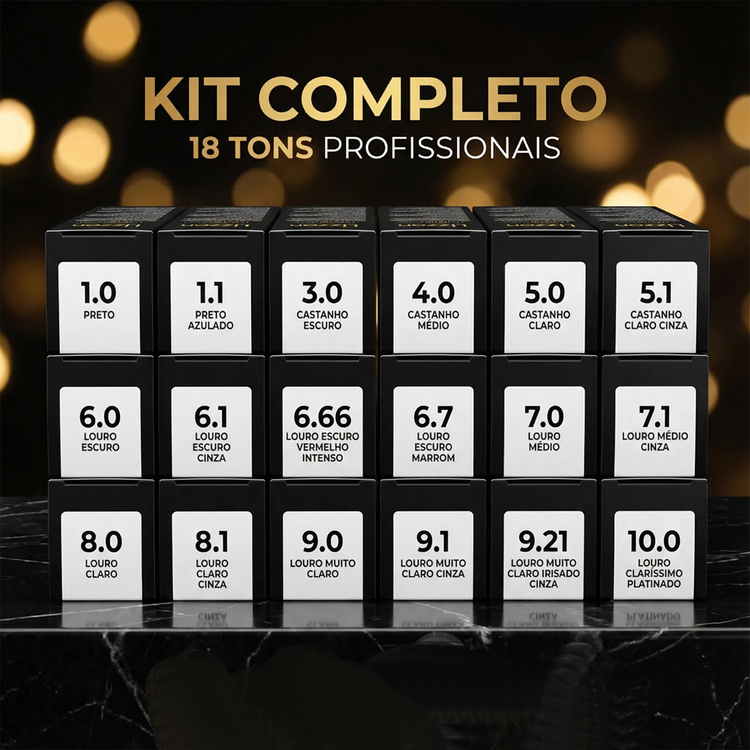 Caixas pretas com rótulos brancos, dispostas em uma grade, exibem tonalidades de tinturas de cabelo profissionais e nomes de cores em português. O texto acima diz Kit Colorizze Coloração Creme Permanente 18 Tons Profissionais.