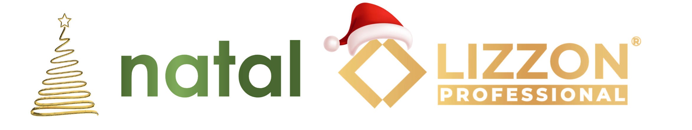 Um contorno dourado de uma árvore de Natal, o logotipo da Lizzon em dourado com um chapéu de Papai Noel sobre a letra I e a palavra Natal em letras minúsculas verdes.