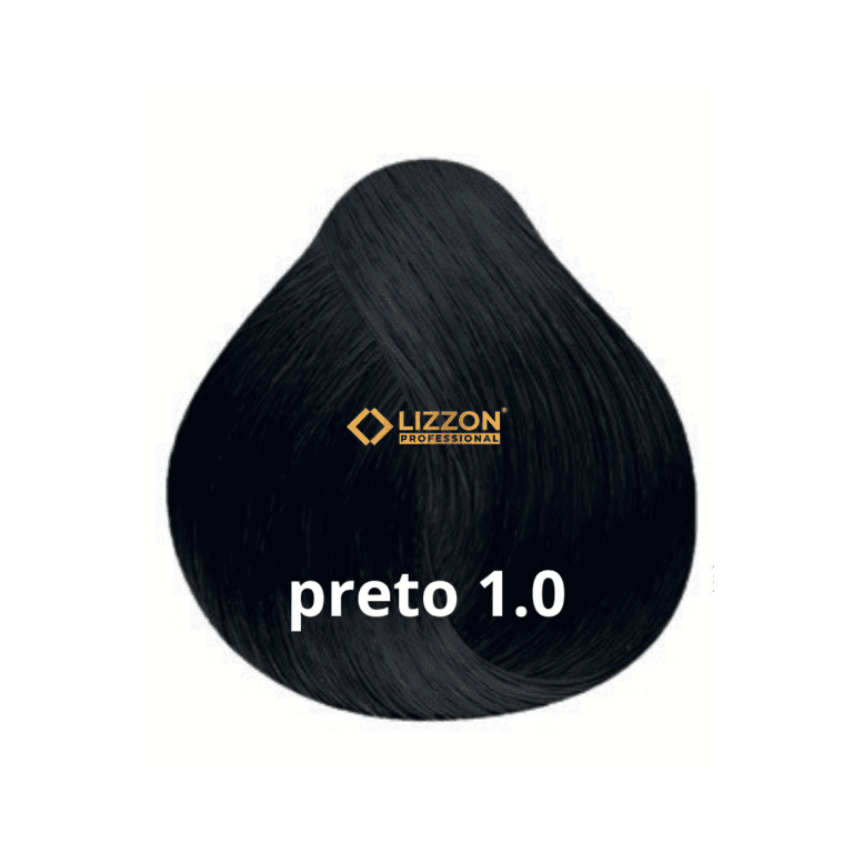 Uma amostra de tintura de cabelo preta rotulada como preto 1.0 com o logotipo da Lizzon Professional no centro, exibida em um fundo branco.