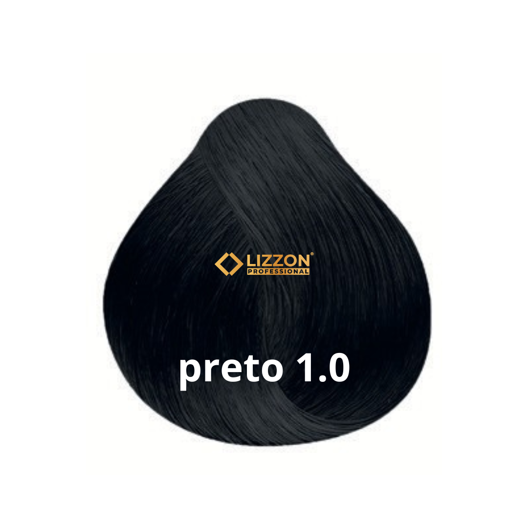 Uma amostra de tintura de cabelo preta rotulada como preto 1.0 com o logotipo da Lizzon Professional no centro, exibida em um fundo branco.