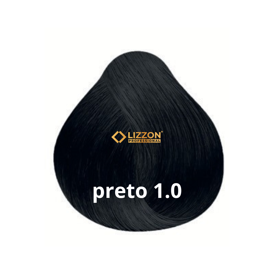 Uma amostra de tintura de cabelo preta rotulada como preto 1.0 com o logotipo da Lizzon Professional no centro, exibida em um fundo branco.