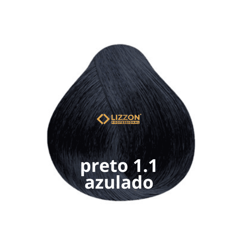 É exibida uma amostra de cor de cabelo preta com um tom azulado. O logotipo da Lizzon Professional está acima do texto preto 1.1 azulado escrito em branco na amostra de cabelo.