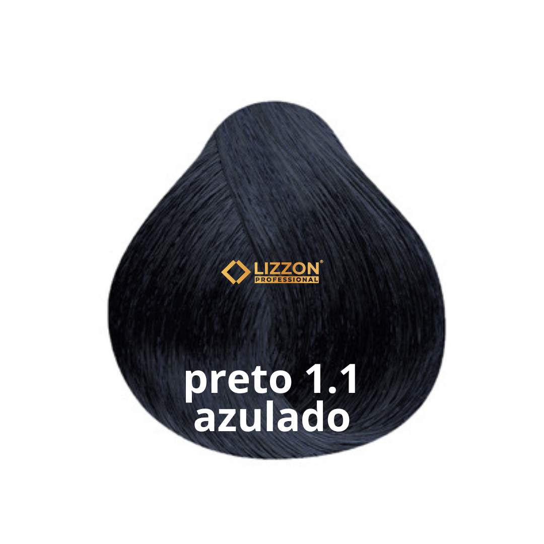 É exibida uma amostra de cor de cabelo preta com um tom azulado. O logotipo da Lizzon Professional está acima do texto preto 1.1 azulado escrito em branco na amostra de cabelo.