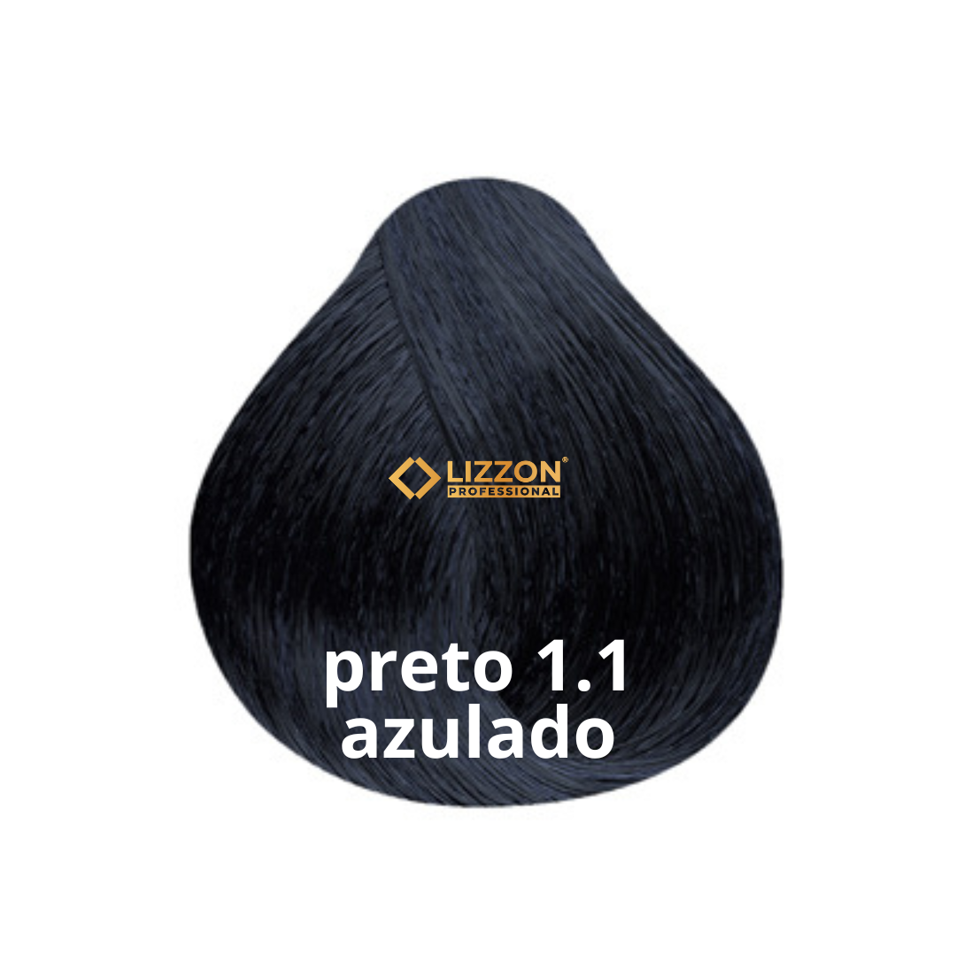 É exibida uma amostra de cor de cabelo preta com um tom azulado. O logotipo da Lizzon Professional está acima do texto preto 1.1 azulado escrito em branco na amostra de cabelo.