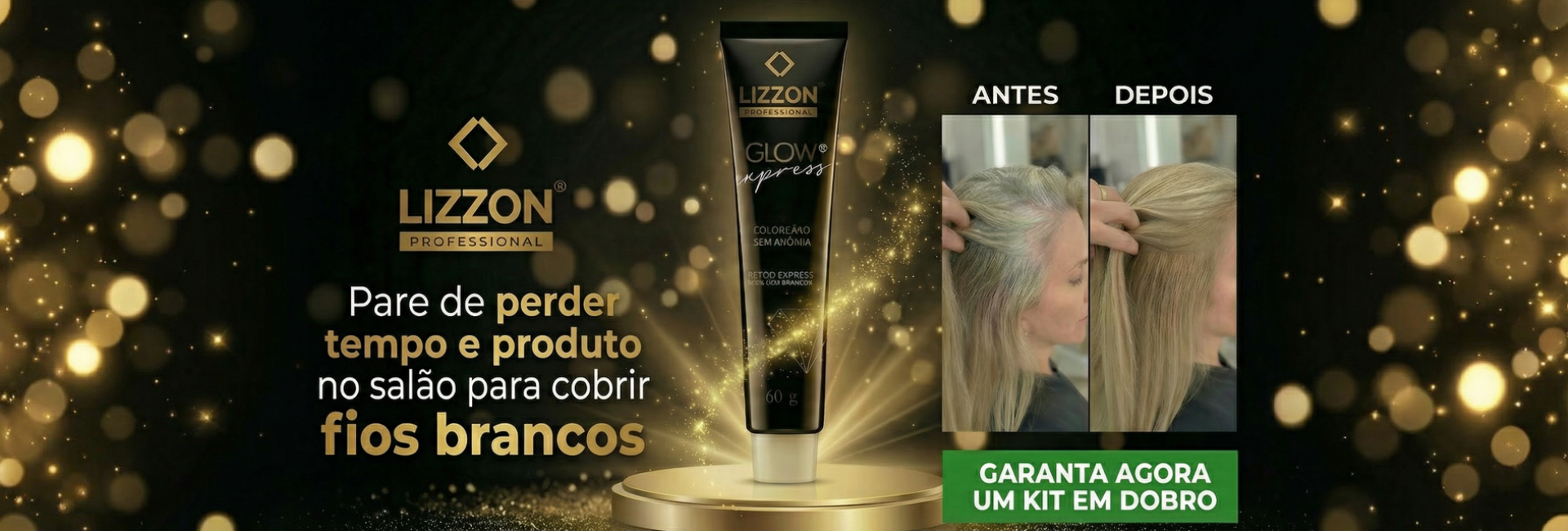 O anúncio do produto para cabelo Lizzon Professional apresenta um tubo central, destaca como o Lizzon cobre cabelos grisalhos e exibe imagens de antes e depois do cabelo de uma mulher no lado direito.