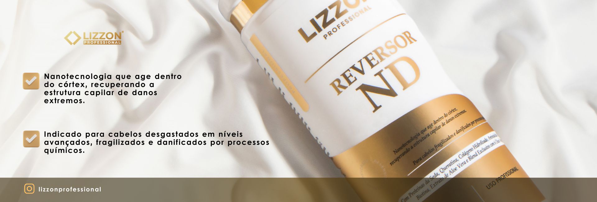 Um close-up de um frasco do produto para cabelos Lizzon Professional Reversor ND com rótulo dourado e branco. O texto à esquerda detalha os benefícios da nanotecnologia e a adequação para cabelos quimicamente danificados, em português. A marca Lizzon está em destaque.