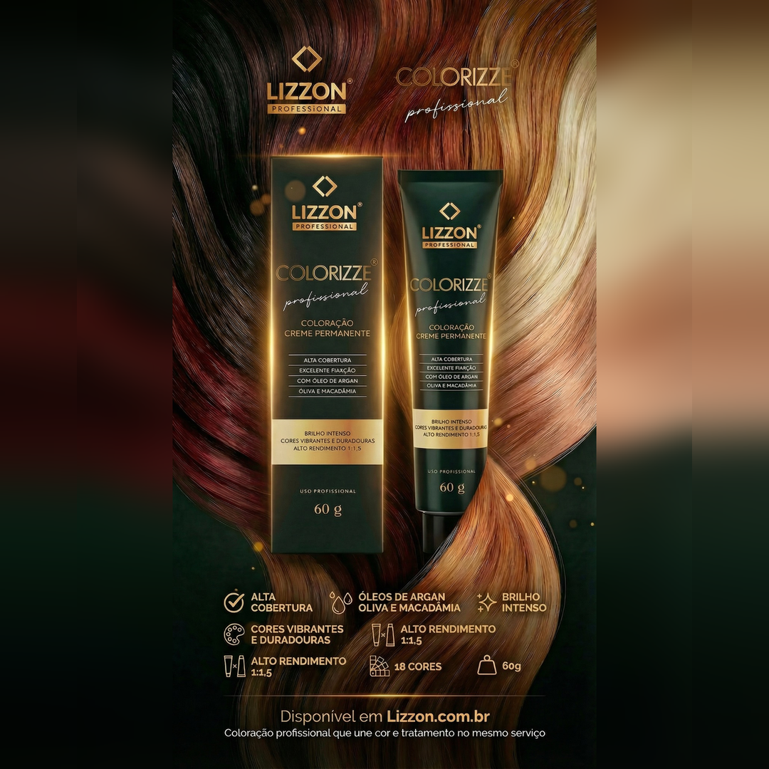 Uma imagem promocional da Colorizze em dobro: coloração creme permanente mostra duas caixas e tubos dourados contra cabelos multicoloridos, com recursos e informações do site exibidos abaixo.