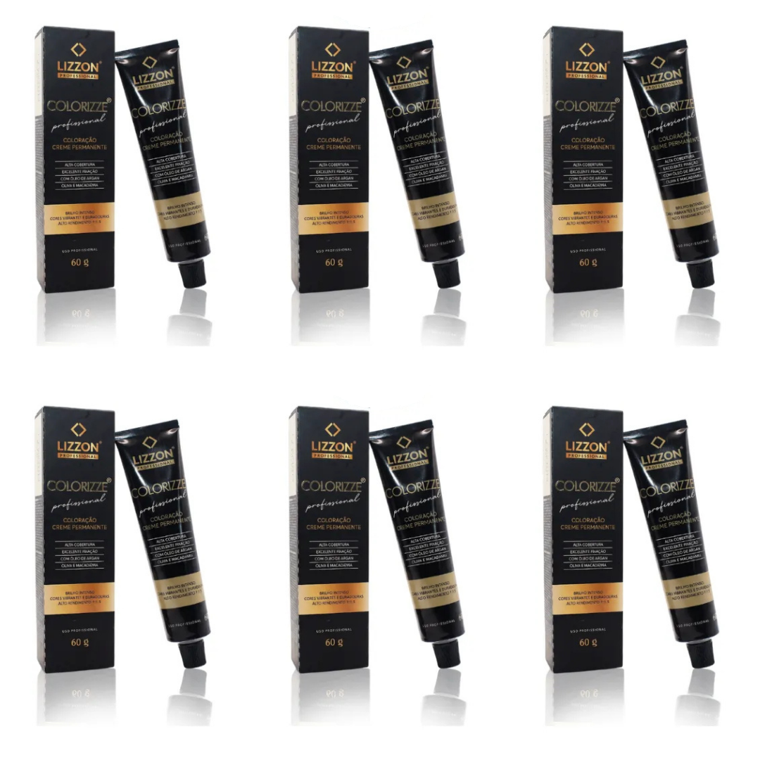 Seis tubos idênticos de Colorizze Coloração Creme Permanente (combo 6 unidades) são exibidos na frente de suas caixas pretas correspondentes em um fundo branco.