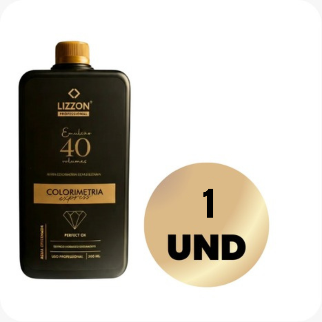 Um frasco preto do produto para cabelos Lizzon Professional Emulsão 40 volumes é mostrado ao lado de um círculo dourado com o texto 1 UND em letras pretas em negrito.