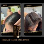 A comparação lado a lado mostra o cabelo antes (mais fino, couro cabeludo visível) e depois (cabelo mais cheio, mais escuro) usando o kit Retoq Express Home (Tons escuros). As etiquetas dizem "Antes" e "Depois". Os tubos do produto são mostrados no canto inferior esquerdo.