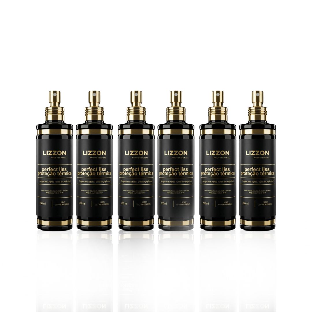Seis garrafas de Perfect Liss - Protetor Térmico (combo 6 unidades) estão dispostas em uma fileira contra um fundo branco, destacando os rótulos frontais e seu design preto e dourado.
