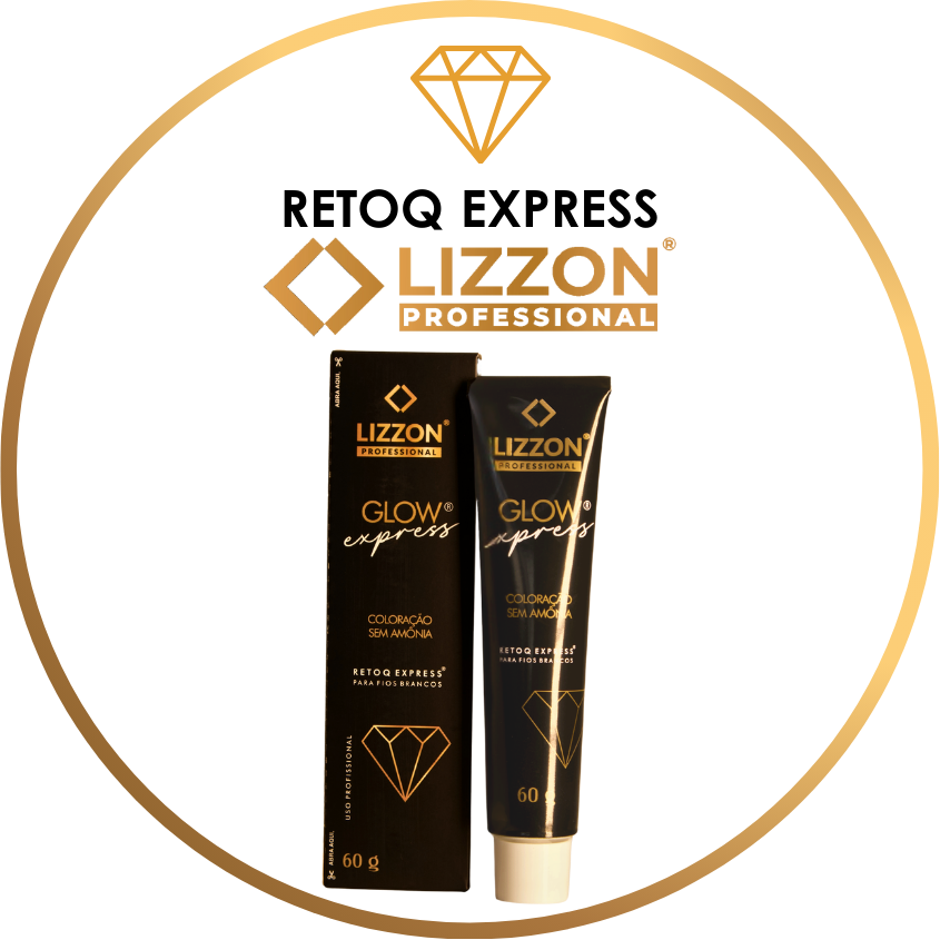 Um tubo de coloração de cabelo Lizzon Professional Glow Express preto e dourado está ao lado de sua caixa correspondente, ambos com um logotipo de diamante. O nome e o logotipo da marca Lizzon são exibidos acima, circundados por uma borda circular dourada.