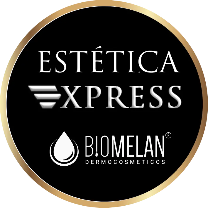 Um logotipo circular preto com uma borda dourada apresenta o texto "ESTÉTICA EXPRESS" em branco e, abaixo dele, os logotipos Biomelan Dermocosmeticos e Lizzon, incluindo um ícone de gota d'água e letras estilizadas.