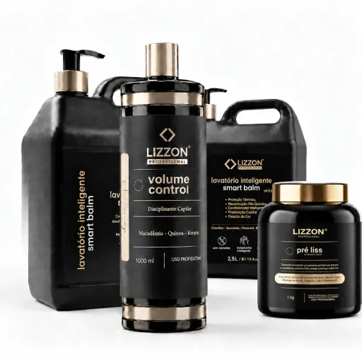 Quatro embalagens pretas e douradas dos produtos para cabelos Lizzon Professional, da coleção Kit Lavatorio Inteligente + Liso Blindado — incluindo um frasco com dosador, um frasco alto com tampa de pressão, um jarro grande e um pote redondo — estão dispostas sobre um fundo branco.