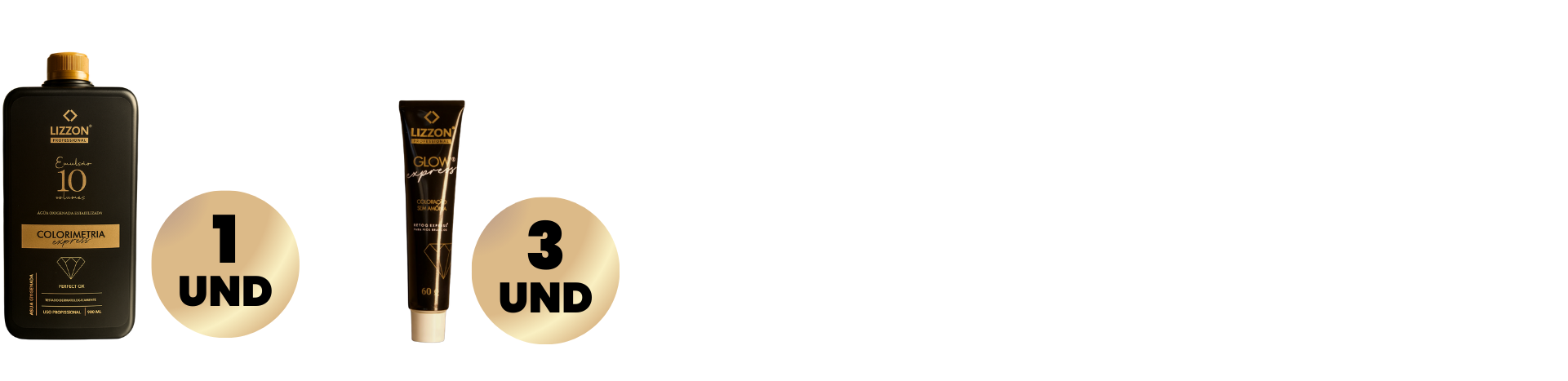 À esquerda, há um frasco e um tubo pretos rotulados como kit Retoq Express (Tons escuros), com círculos dourados indicando 1 UND e 3 UND. Dois espaços brancos vazios aparecem à direita.