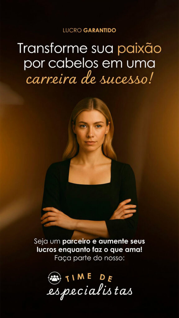 Uma mulher com cabelos loiros e expressão séria está de braços cruzados em um fundo marrom, acompanhada por um texto em português promovendo uma carreira em cuidados com os cabelos com a Lizzon e convidando as pessoas a se juntarem a uma equipe de especialistas.