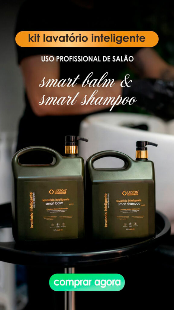 Dois frascos verdes rotulados como smart balm e smart shampoo de um kit chamado kit lavatório inteligente são exibidos em uma mesa redonda preta com um botão verde comprar agora abaixo.