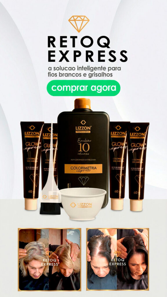 Imagem promocional do produto para cabelos Lizzon Retoq Express, mostrando frascos, tubos, uma escova e uma tigela, com fotos de antes e depois de uma mulher tratando seus cabelos grisalhos. O texto incentiva a compra imediata.