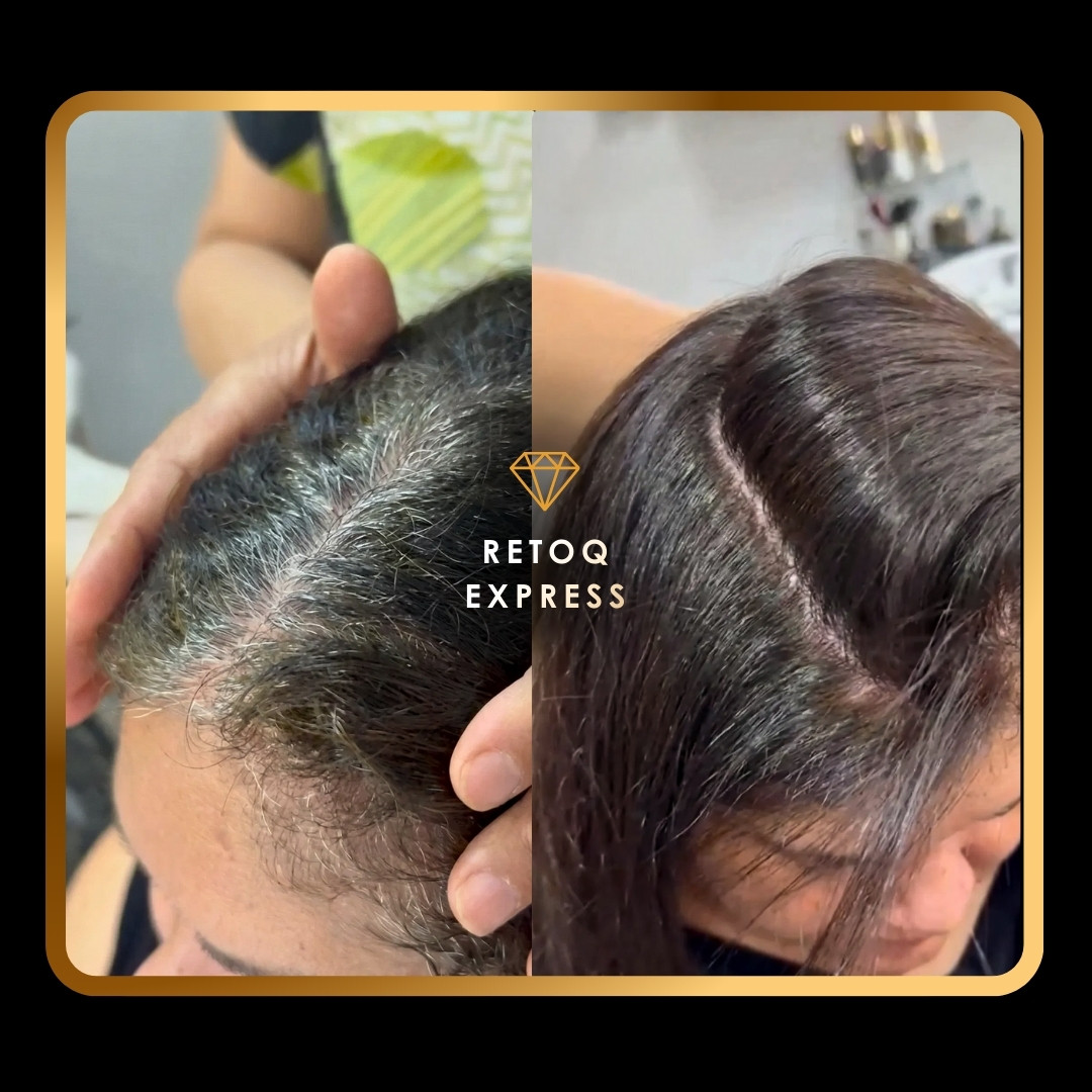Comparação lado a lado do couro cabeludo de uma mulher; a esquerda mostra raízes cinzentas visíveis, enquanto a direita mostra uma cor de cabelo escura e uniforme após o tratamento. O texto Retoq Express está centralizado entre as imagens.