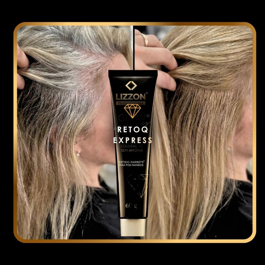 Imagens lado a lado de antes e depois do cabelo de uma mulher, mostrando raízes grisalhas visíveis à esquerda e cabelos loiros claros completamente cobertos à direita, com um tubo de coloração Lizzon Retoq Express no centro.
