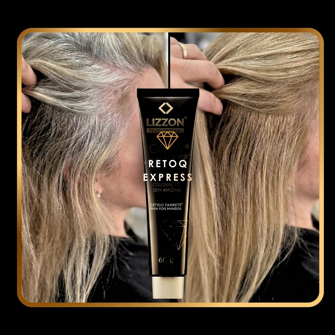 Imagens lado a lado de antes e depois do cabelo de uma mulher, mostrando raízes grisalhas visíveis à esquerda e cabelos loiros claros completamente cobertos à direita, com um tubo de coloração Lizzon Retoq Express no centro.
