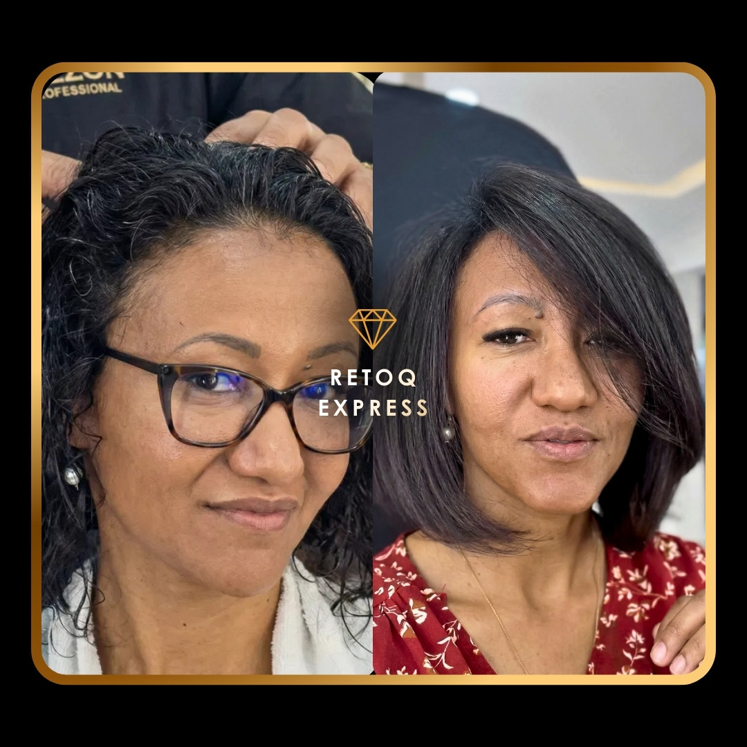 Uma comparação lado a lado de uma mulher antes e depois de um tratamento capilar; à esquerda, ela tem cabelos cacheados e óculos; à direita, cabelos alisados, sem óculos, e está usando uma blusa vermelha estampada. O logotipo da Retoq Express está centralizado.