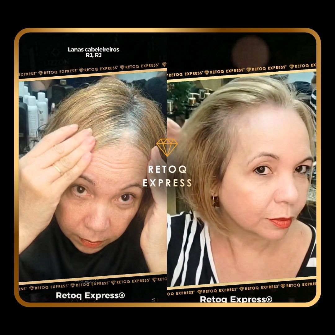 Comparação lado a lado de uma mulher antes e depois de um tratamento capilar. Na imagem à esquerda, ela mexe em suas raízes, mostrando um cabelo mais escuro. Na imagem da direita, o cabelo parece mais claro, com estilo, e a maquiagem está mais definida.