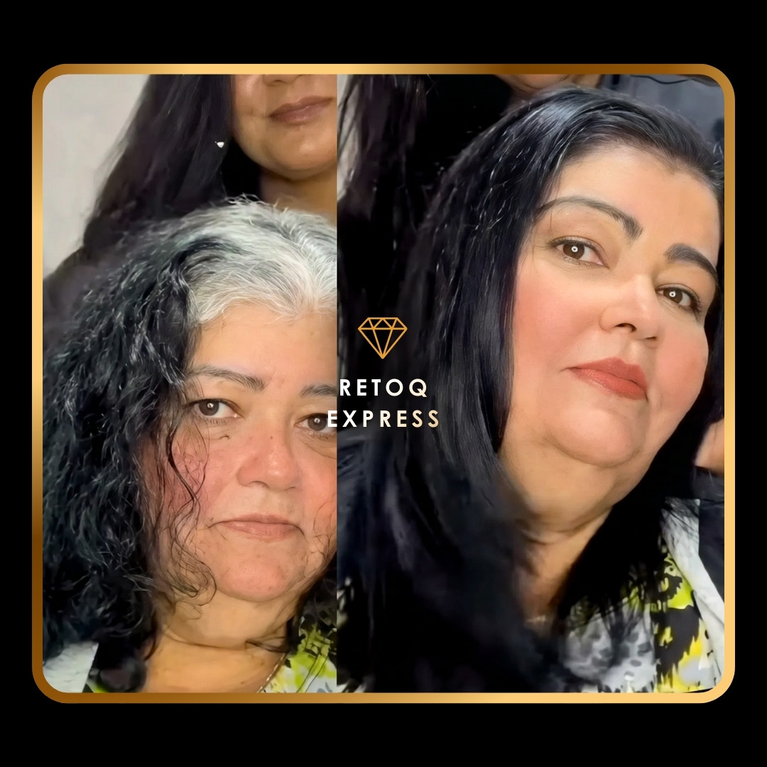 Comparação lado a lado de uma mulher antes e depois de um tratamento capilar; a esquerda mostra a mulher com cabelos cacheados e grisalhos, e a direita mostra a mulher com cabelos lisos, retos e uniformemente escuros.