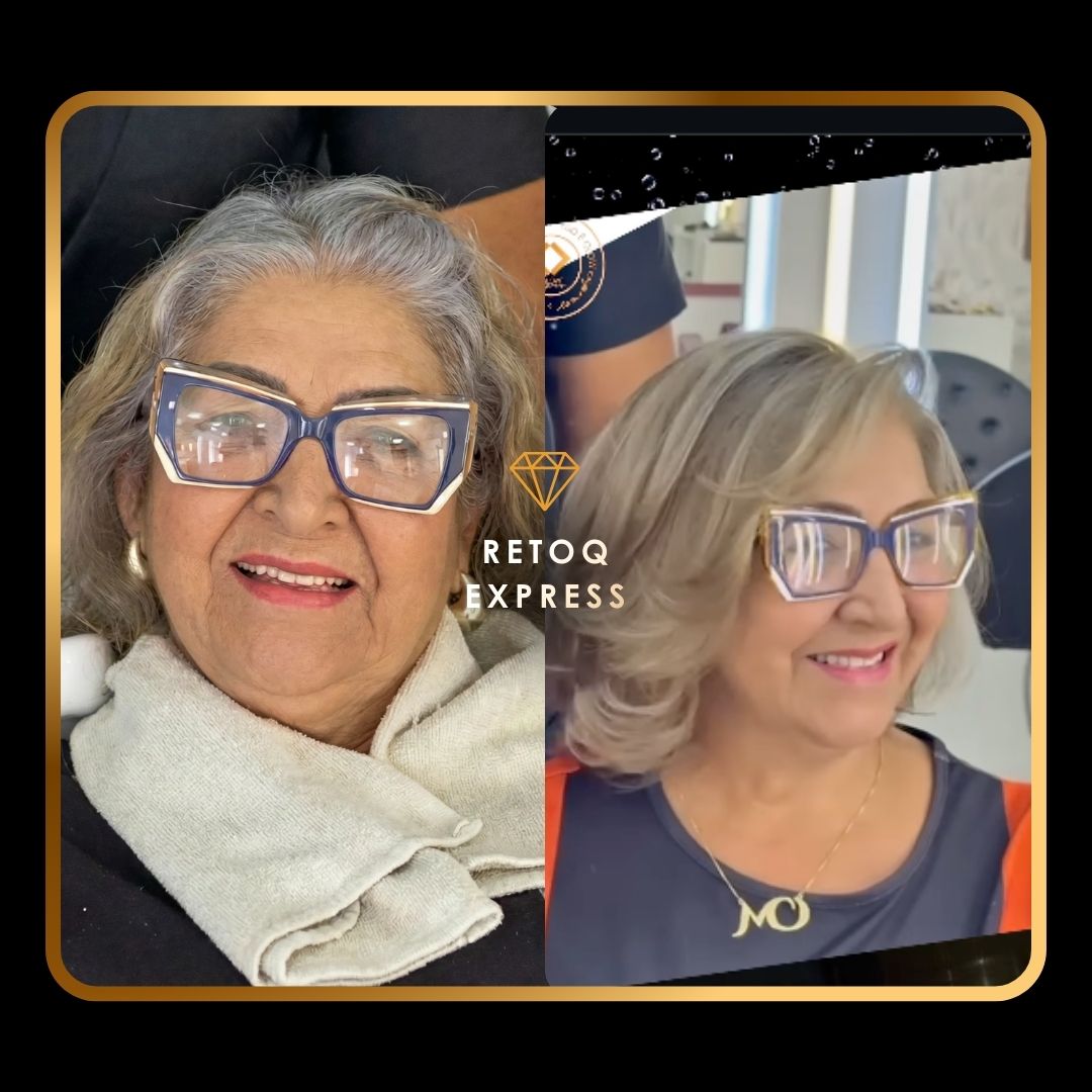 Fotos lado a lado de uma mulher idosa com cabelos grisalhos e óculos grandes, antes e depois de uma reforma capilar. Na segunda imagem, seu cabelo está penteado e colorido, e ela está sorrindo, vestindo um top escuro com um colar dourado.