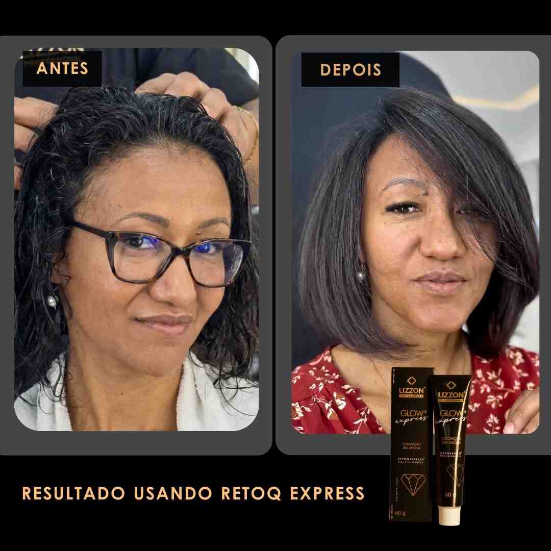Imagens lado a lado mostram uma mulher antes e depois de usar o kit Retoq Express Home (Tons escuros): seu cabelo se transforma de ondulado e com frizz em liso e macio. Os tubos de produtos aparecem no canto inferior direito.