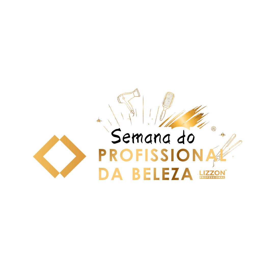 Logotipo com o texto Semana do Profissional da Beleza e Lizzon Professional. Apresenta ícones dourados de um secador de cabelo, pente e alisador de cabelo, juntamente com elementos decorativos dourados em um fundo claro.