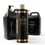 Três frascos pretos do Kit Liso Blindado + Lavatório Inteligente para cuidados com os cabelos são exibidos em um fundo branco, mostrando os rótulos "controle de volume" e "bálsamo inteligente lavatório".