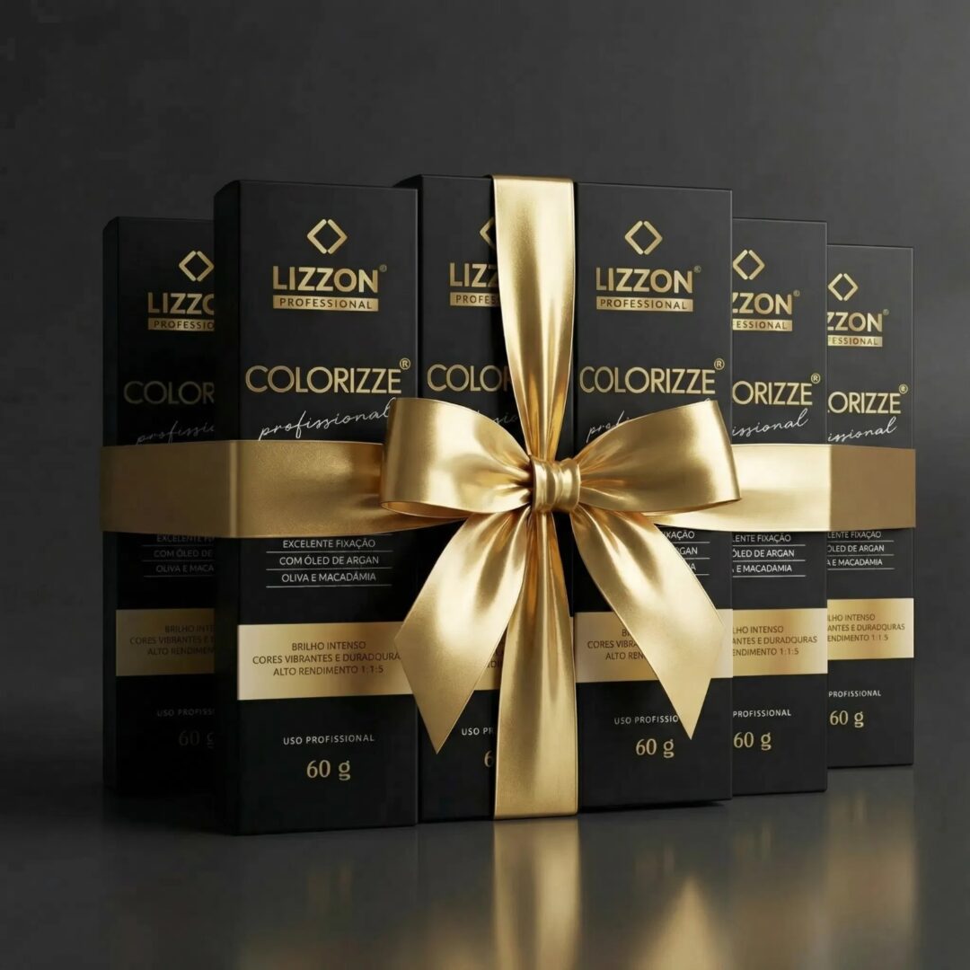 Cinco caixas de Colorizze Coloração Creme Permanente Leve 3 Pague 2 (combo 6 unidades) estão agrupadas, embrulhadas com uma fita dourada brilhante amarrada em um laço, em um fundo escuro liso.