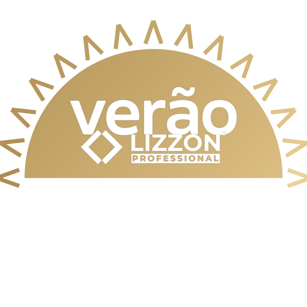 Um semicírculo dourado com raios de sol estilizados tem o texto Verão Lizzon Professional em branco, com formas geométricas acima e abaixo de Lizzon. O fundo é branco.