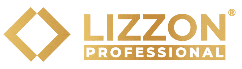O logotipo da Lizzon Professional apresenta uma forma geométrica de diamante dourado à esquerda e as palavras LIZZON PROFESSIONAL em letras maiúsculas douradas à direita, com PROFESSIONAL em um retângulo de ouro sólido.