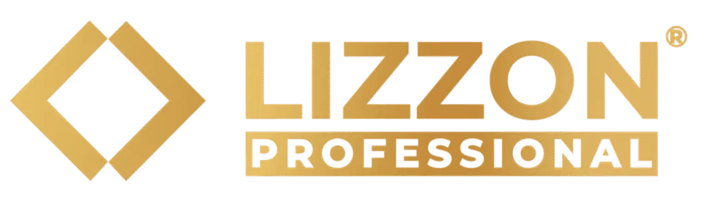 O logotipo da Lizzon Professional apresenta uma forma geométrica de diamante dourado à esquerda e as palavras LIZZON PROFESSIONAL em letras maiúsculas douradas à direita, com PROFESSIONAL em um retângulo de ouro sólido.