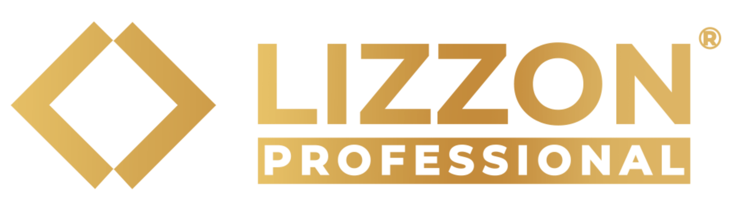 O logotipo da Lizzon Professional apresenta uma forma geométrica de diamante dourado à esquerda e as palavras LIZZON PROFESSIONAL em letras maiúsculas douradas à direita, com PROFESSIONAL em um retângulo de ouro sólido.