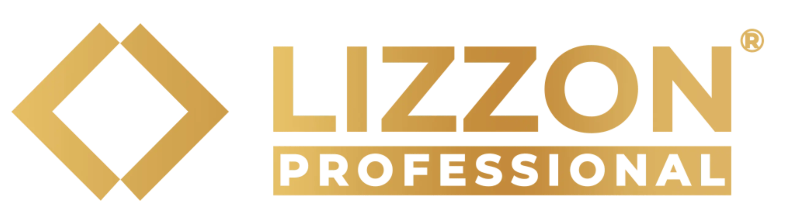 O logotipo da Lizzon Professional apresenta uma forma geométrica de diamante dourado à esquerda e as palavras LIZZON PROFESSIONAL em letras maiúsculas douradas à direita, com PROFESSIONAL em um retângulo de ouro sólido.