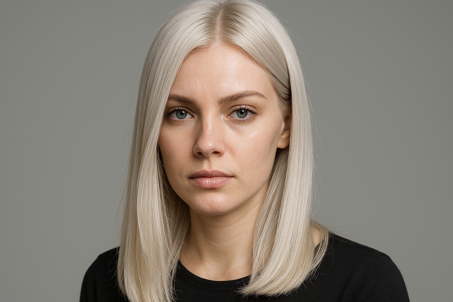 Uma mulher com cabelo liso, loiro platinado e pele clara, vestindo um top preto, olhando diretamente para a câmera com uma expressão neutra contra um fundo cinza claro.