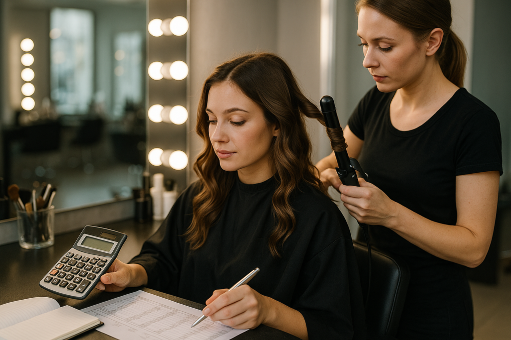 Uma mulher senta-se em uma mesa de salão segurando uma calculadora e escrevendo em um caderno enquanto outra mulher penteia o cabelo com um modelador de cachos. O cenário é um salão moderno com espelhos iluminados.