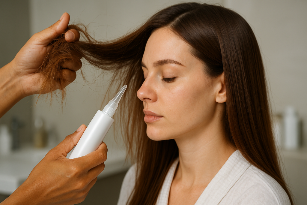 Uma pessoa com longos cabelos castanhos está sentada com os olhos fechados enquanto outra pessoa segura uma seção de seu cabelo e aplica um produto de um frasco branco com um bico pontiagudo. O cenário parece ser um banheiro ou salão de beleza.