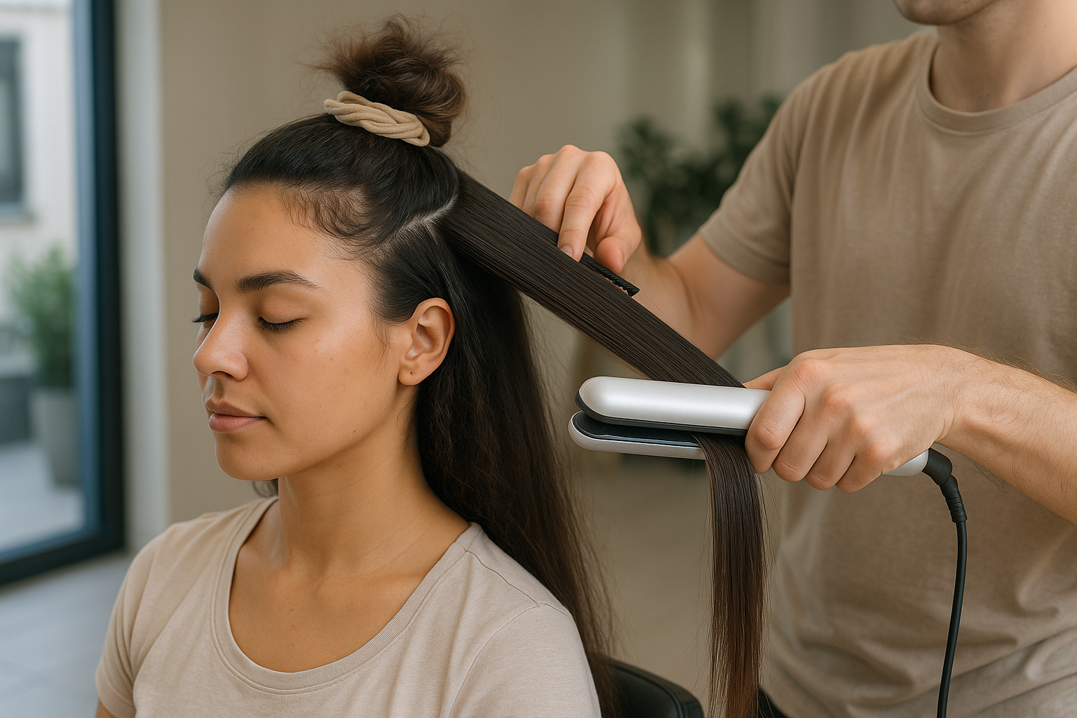 Uma pessoa está sentada com os olhos fechados enquanto outra pessoa alisa seus longos cabelos escuros usando uma chapinha e um pente. Ambas estão usando blusas bege e o cenário parece ser um salão de beleza moderno.
