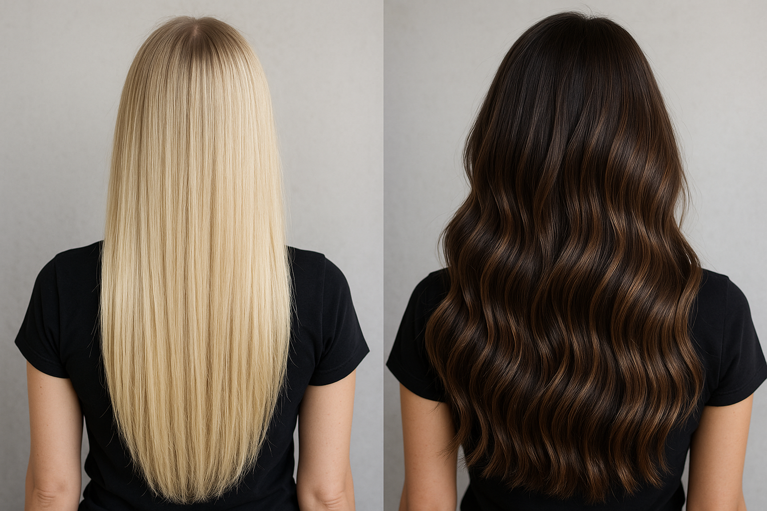 Comparação lado a lado de duas mulheres de costas; uma tem cabelos loiros longos e lisos, e a outra tem cabelos castanhos escuros longos e ondulados. Ambas vestem camisas pretas e estão de pé contra um fundo liso.