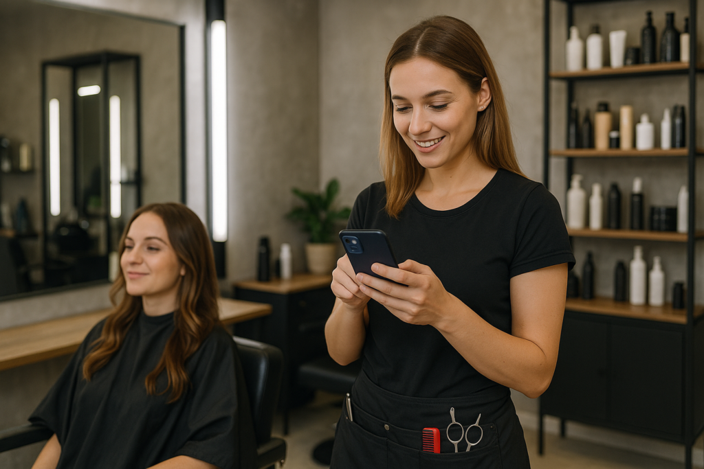 Uma mulher de camiseta preta, segurando um smartphone e sorrindo, está em um salão de cabeleireiro moderno. Outra mulher com uma capa senta-se em uma cadeira de salão, com prateleiras de produtos para cabelo e espelhos visíveis ao fundo.