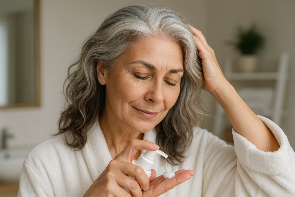 Uma mulher de cabelos grisalhos vestindo um roupão de banho branco passa loção de um frasco com bomba na mão enquanto toca o cabelo, em pé em um banheiro de tom neutro.