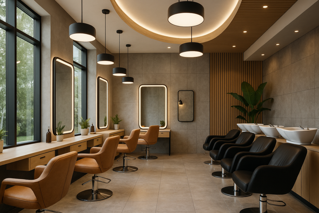 Um salão de cabeleireiro moderno com janelas grandes, espelhos em uma parede de azulejos, cadeiras de salão marrons e pretas, lavatórios, vasos de plantas e luzes de teto em um interior de tons neutros.