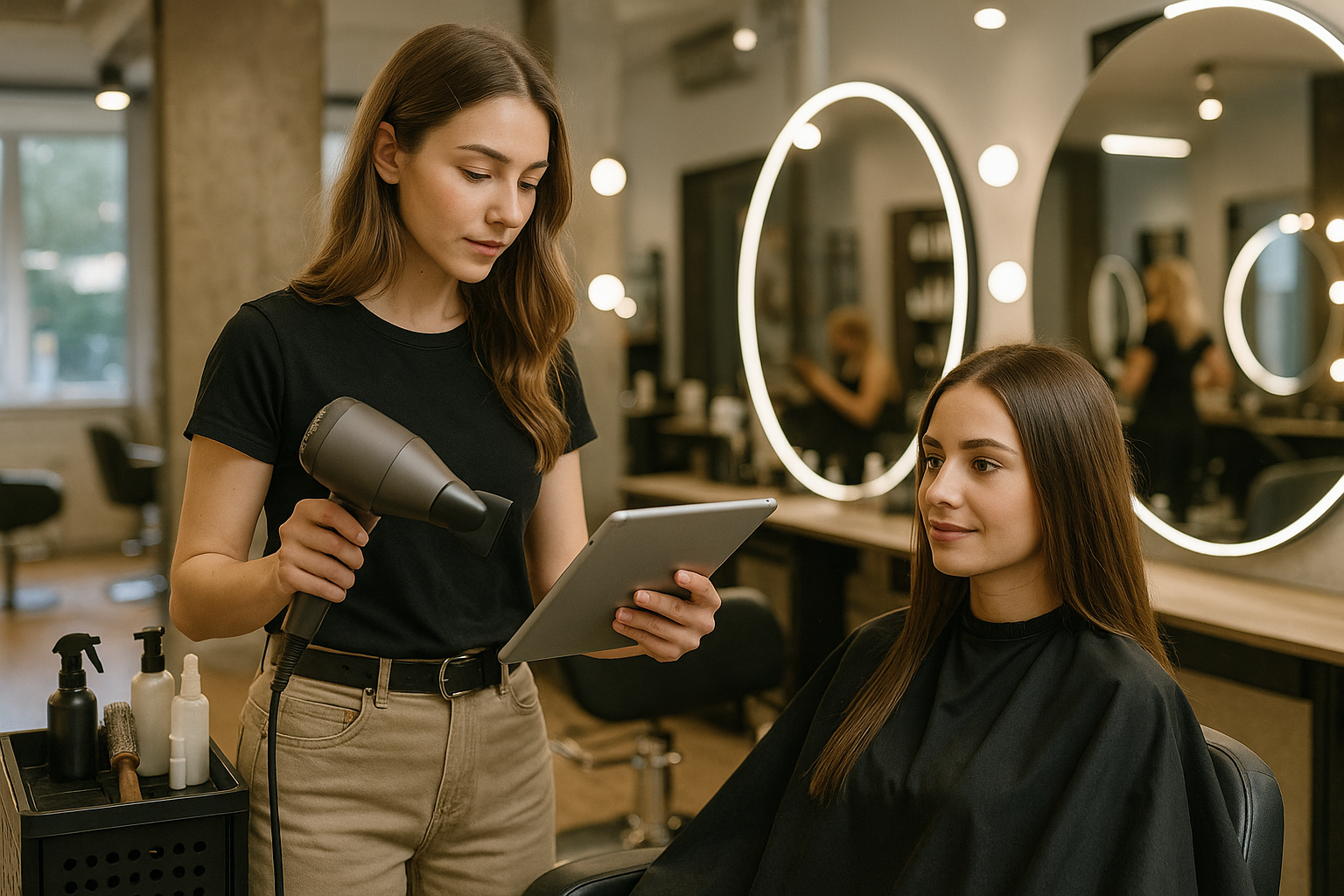 Um cabeleireiro segurando um secador de cabelo e olhando para um tablet está ao lado de uma mulher sentada com cabelo castanho liso coberto por uma capa preta em um salão moderno com espelhos e ferramentas de salão visíveis.