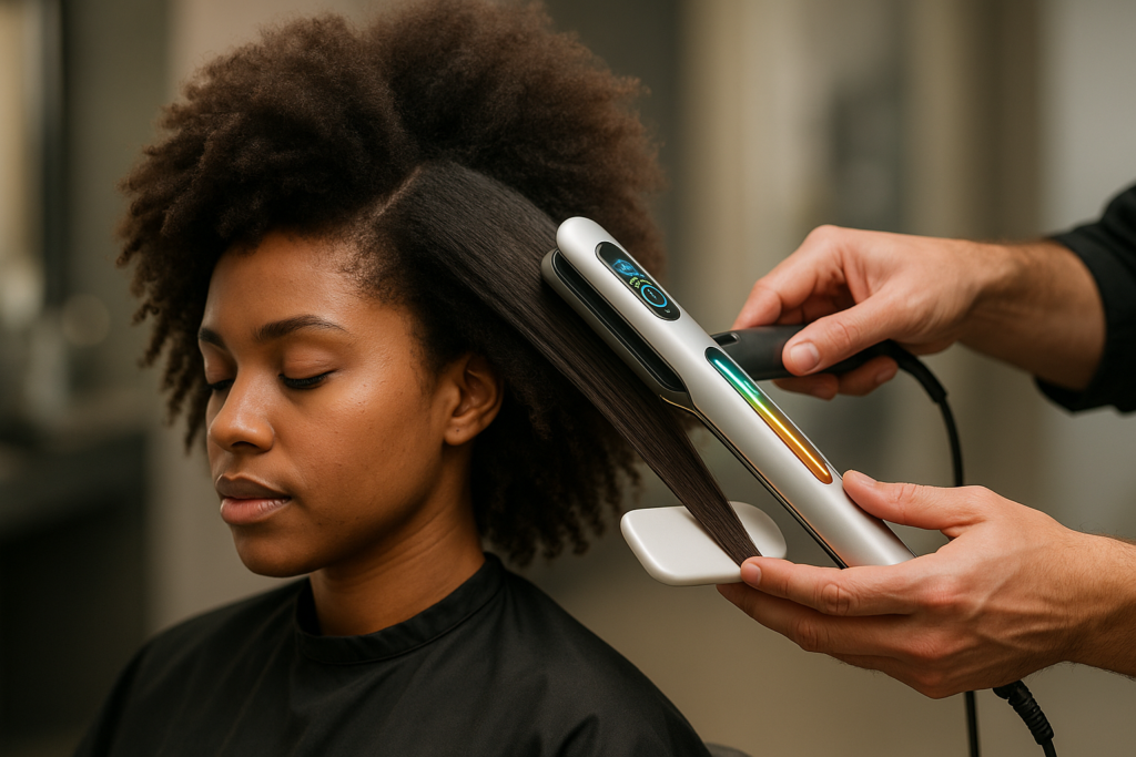 Uma pessoa com cabelo cacheado natural senta-se calmamente enquanto outra pessoa usa um alisador de cabelo para alisar uma seção de seu cabelo em um salão de beleza.